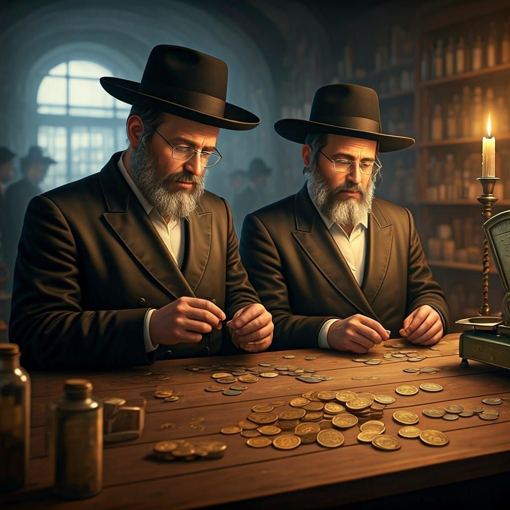 Two Hasidic men in a shtetl shop, meticulously counting gold...