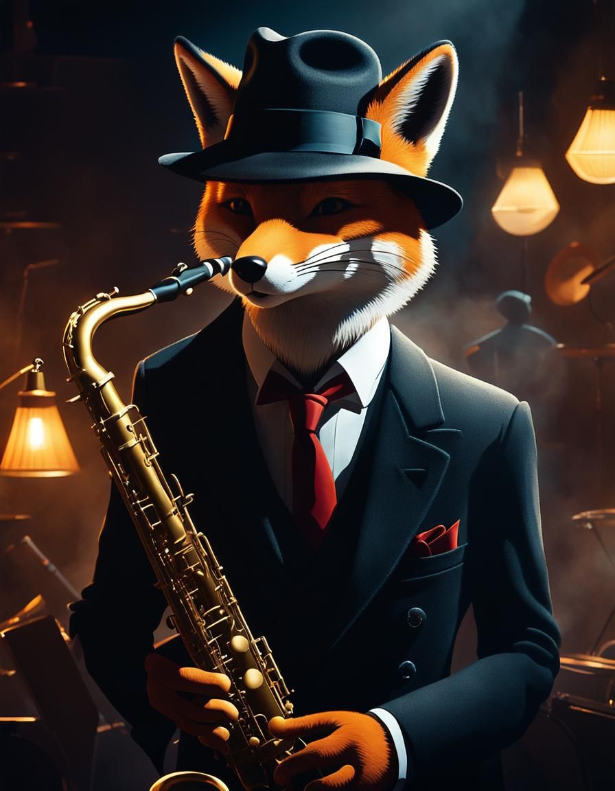 Film Noir Fox Plays Saxophone in Smoky Jazz Club