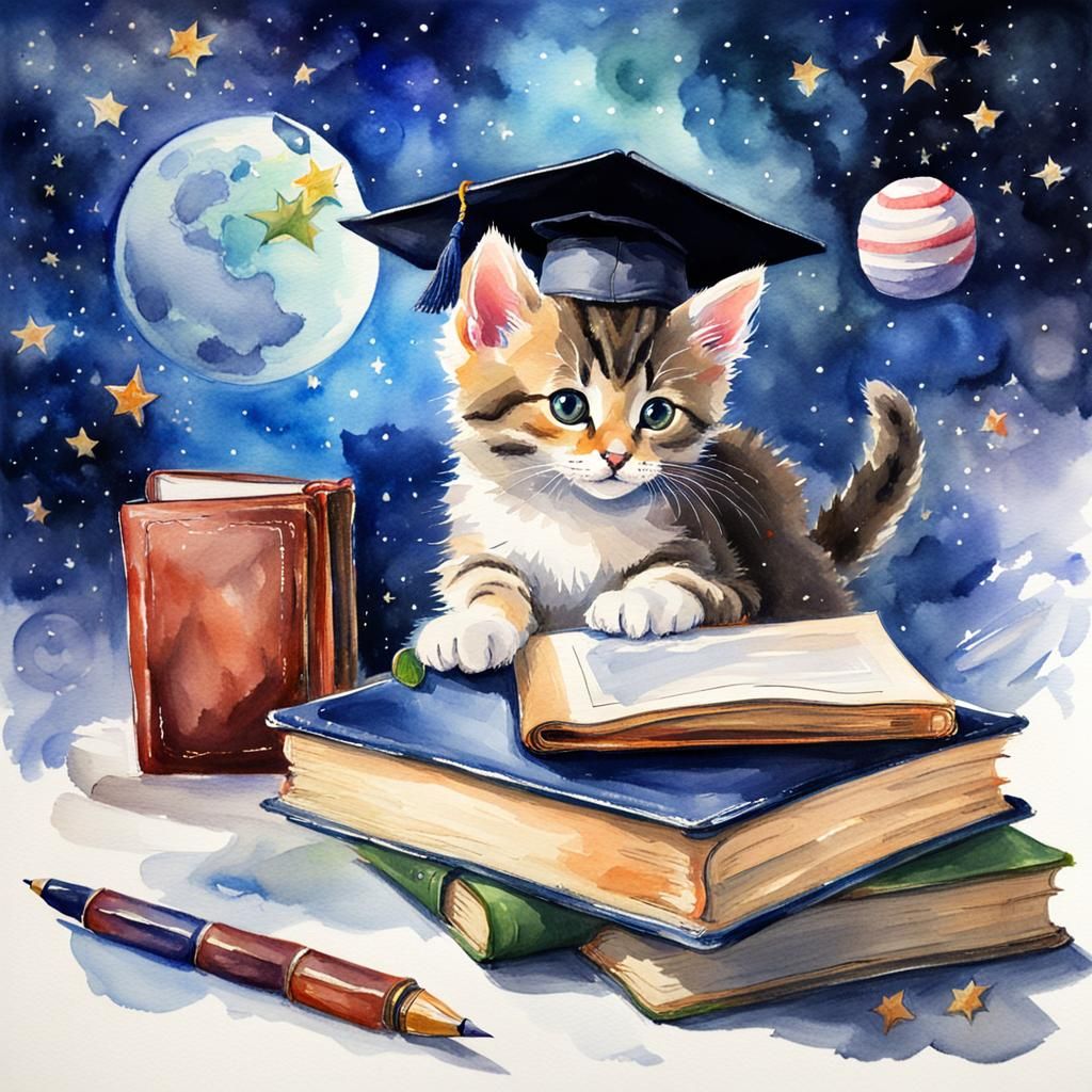 Watercolor Kitten with Book and Floating Tablet