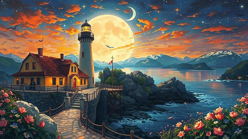 Lighthouse Under Starry Sky in Impasto Style