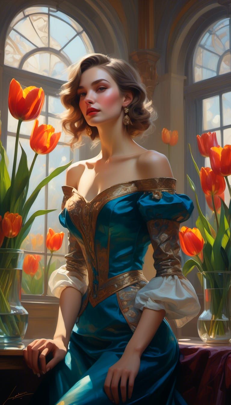 Lovers in Tulips: Hyperdetailed Art Nouveau Portrait