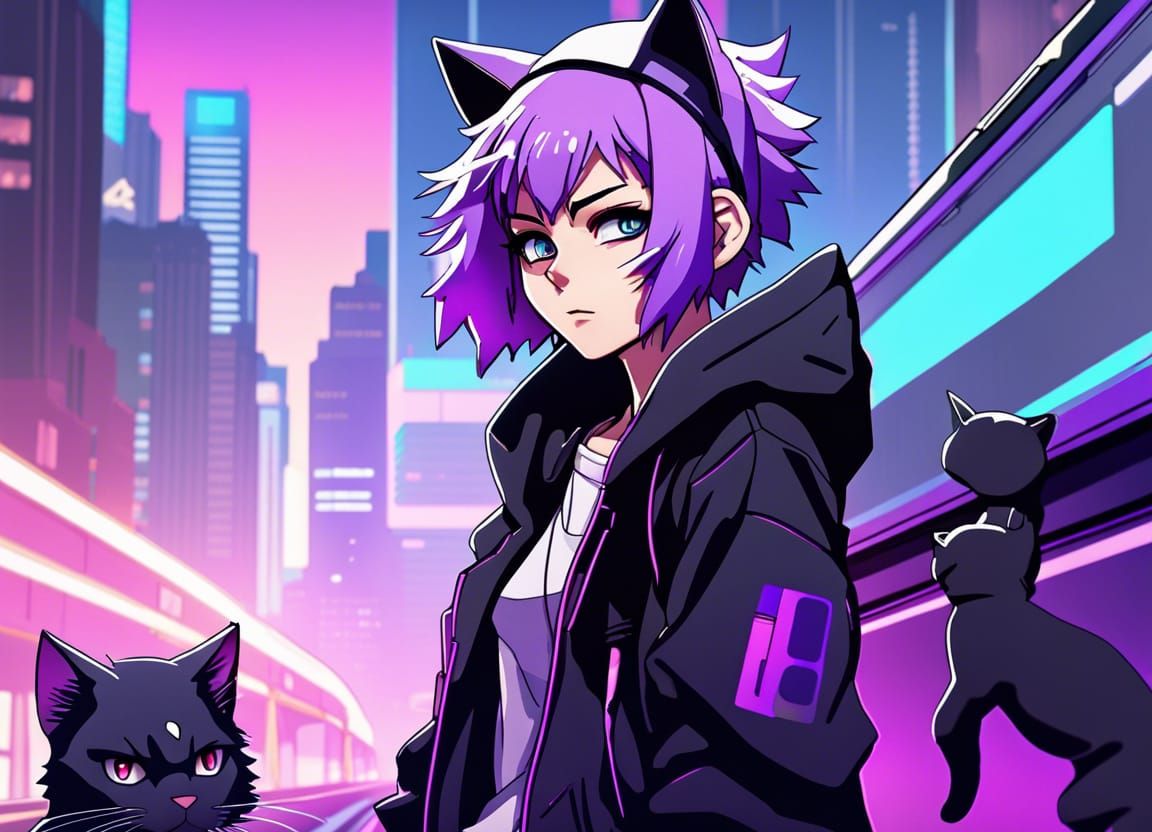 Anime Catboy with Black Cat in Cyberpunk Cityscape