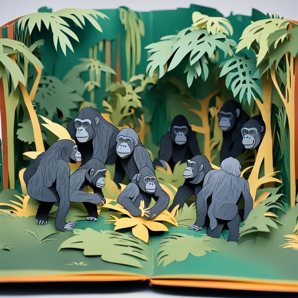 Gorillas in Jungle Pop-Up Book Illustration