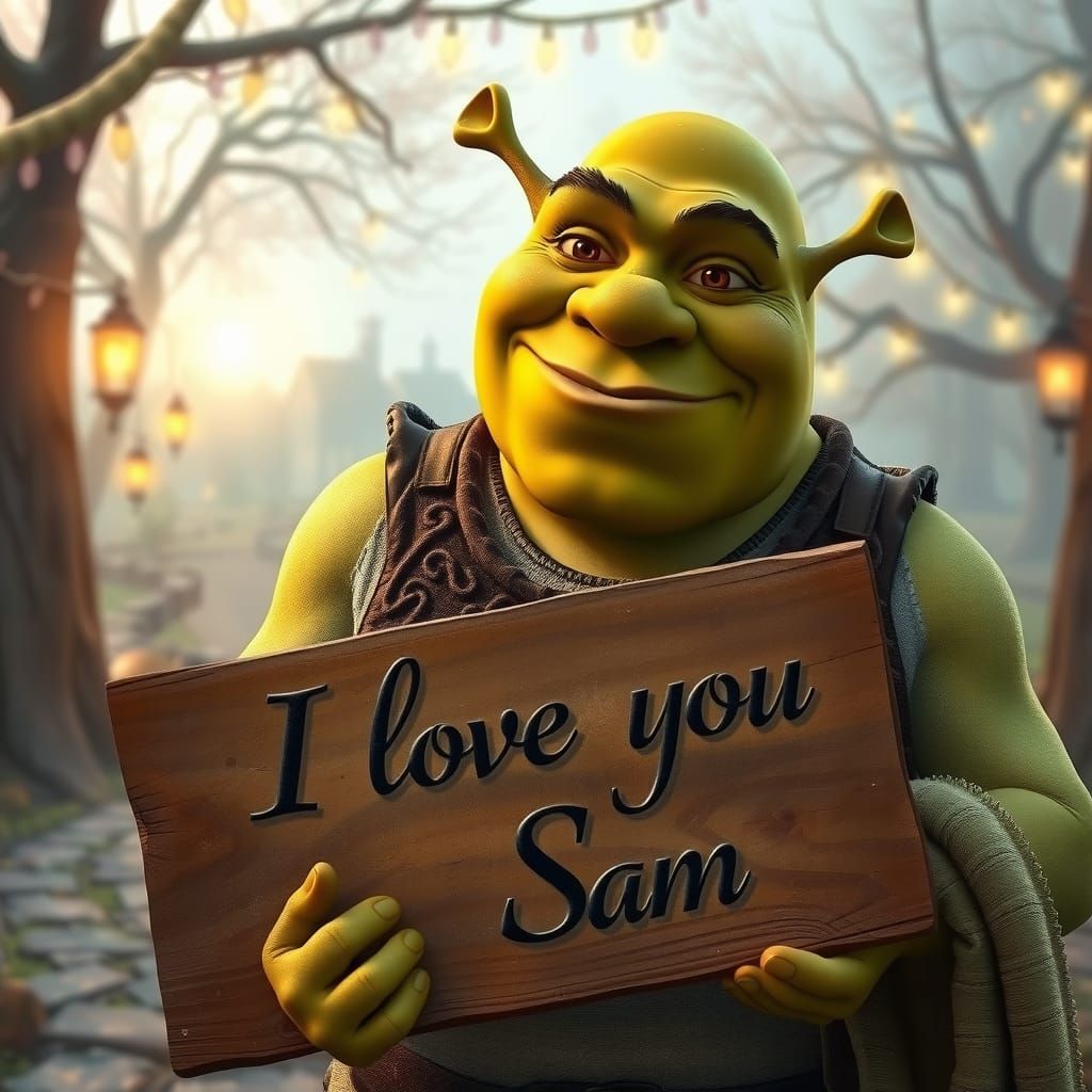Shrek Holds 'I Love You' Sign in Dreamy Landscape