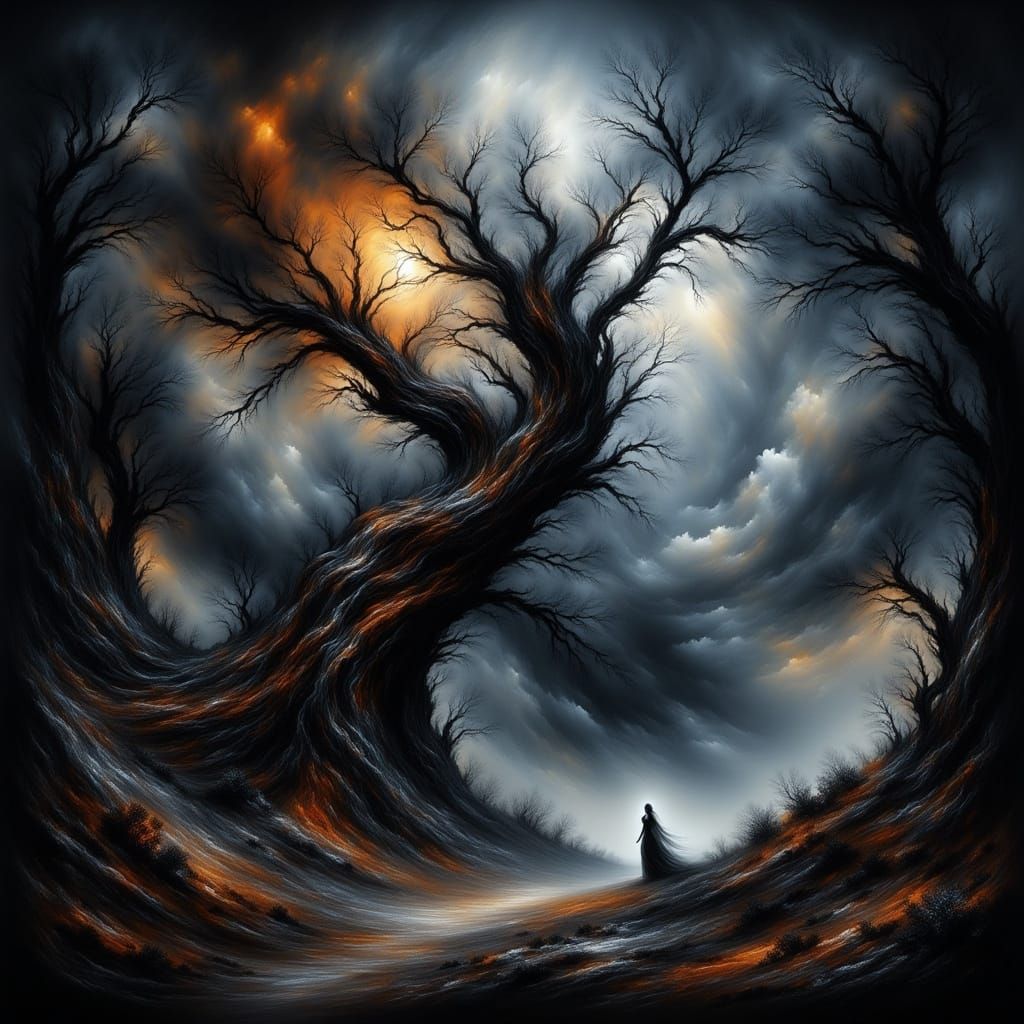 Ancient Tree Falls in Stormy Forest Path