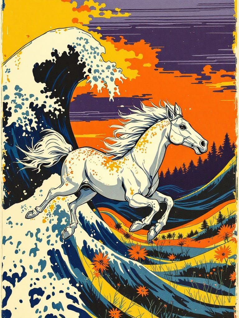 Bold Horse Gallops Through Sunset Wave in Vibrant Style