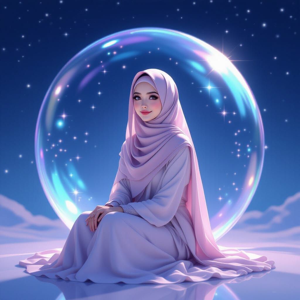 Hijabi Woman in Bubble Floating in Starry Night Sky