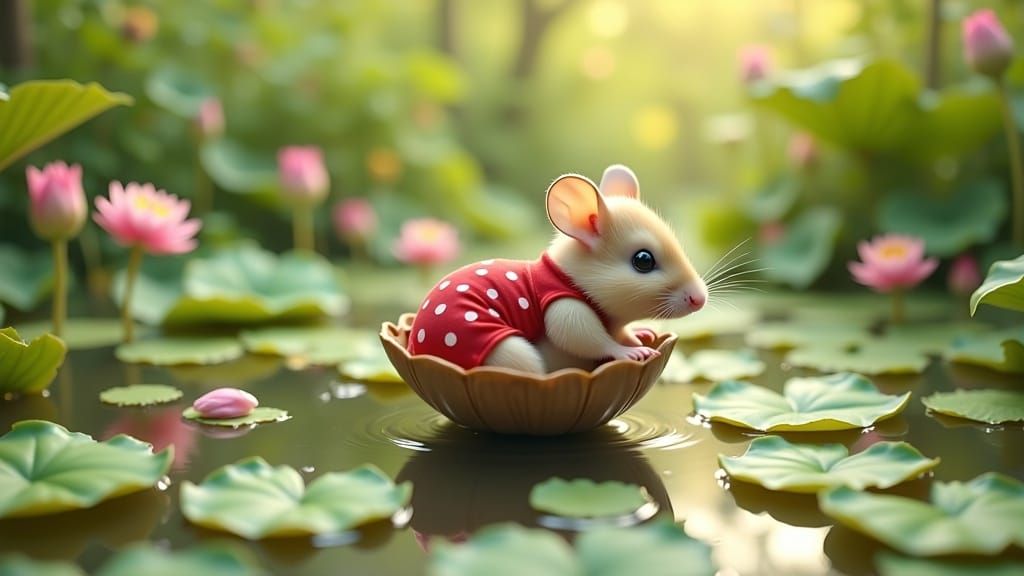 Mouse in Walnut Shell on Lake, Beatrix Potter Style