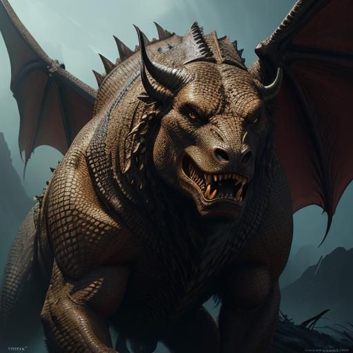 Majestic Dragon-Winged Buffalo Creature in Digital Painting