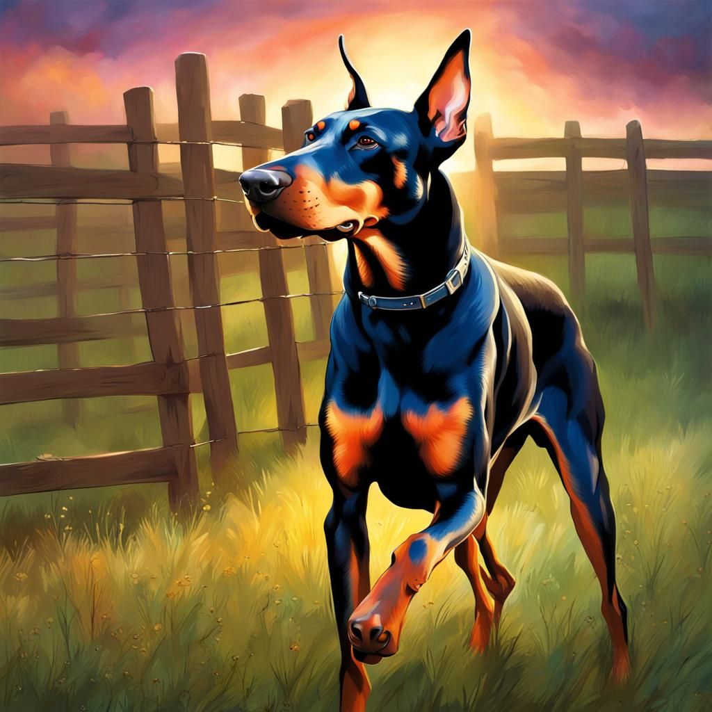 Hyperrealistic Doberman Leaps in Sunny Meadow