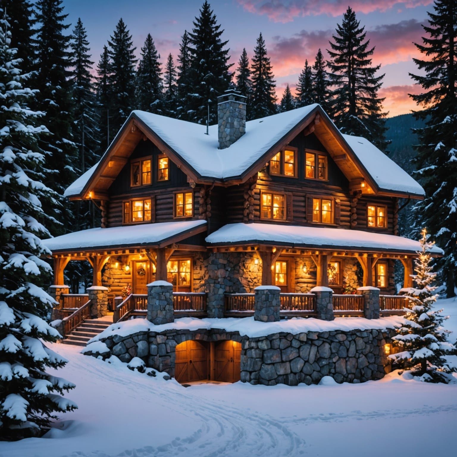 Majestic Snow-Covered Home in Winter Mountainscape