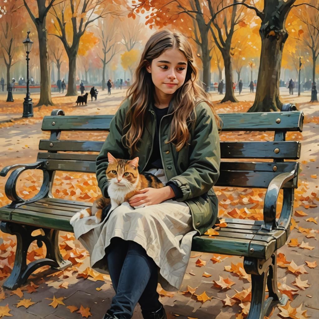 Girl with Cat in Autumn Park, Impressionist Painting