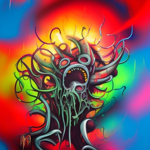 Lovecraftian Monster Graffiti Art in Polychromatic Style