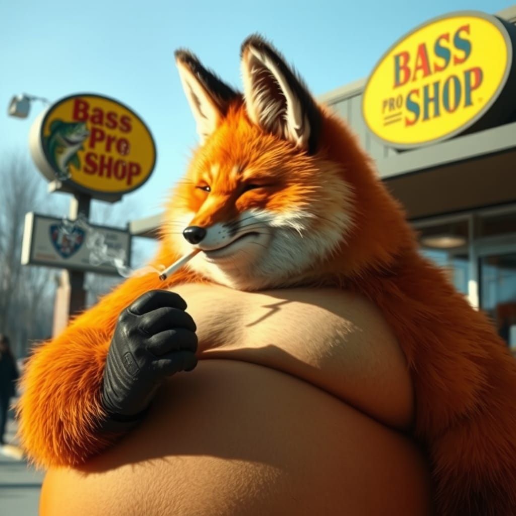 Morbidly Obese Red Fox Smokes Outside Bass Pro