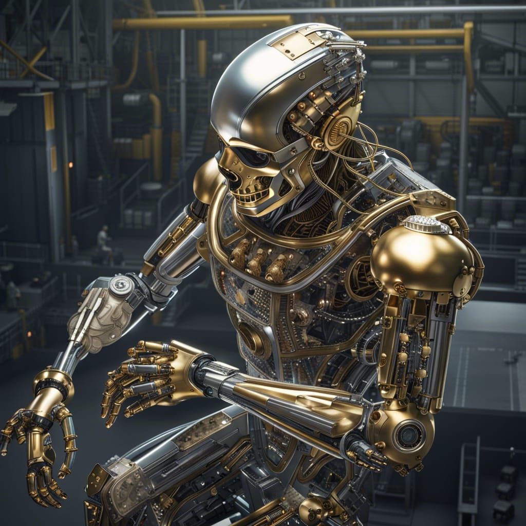 Assembling Humanoid Android in Futuristic Factory