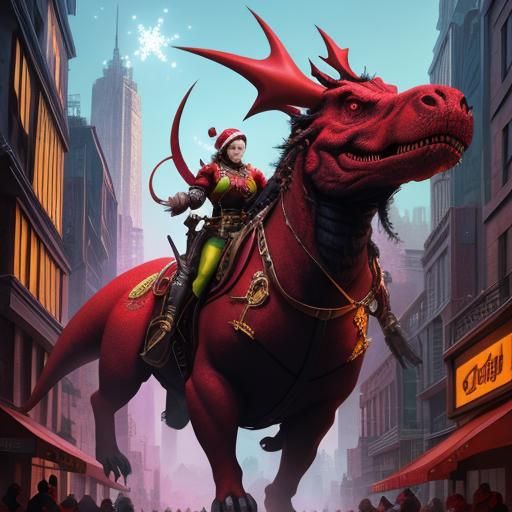 Santa Claus Riding T-Rex in City, Matte Painting