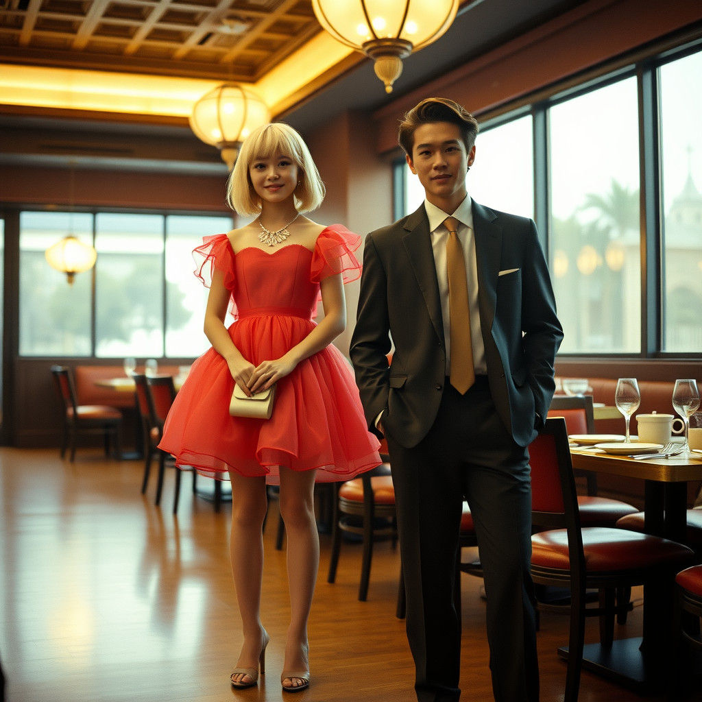Crossdressing Boy in Restaurant: Cinematic Film Still