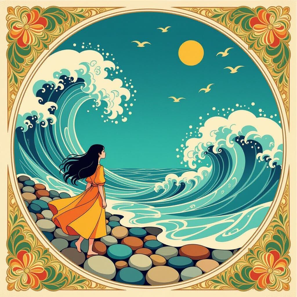 Waves and Pebbles in Art Nouveau Style