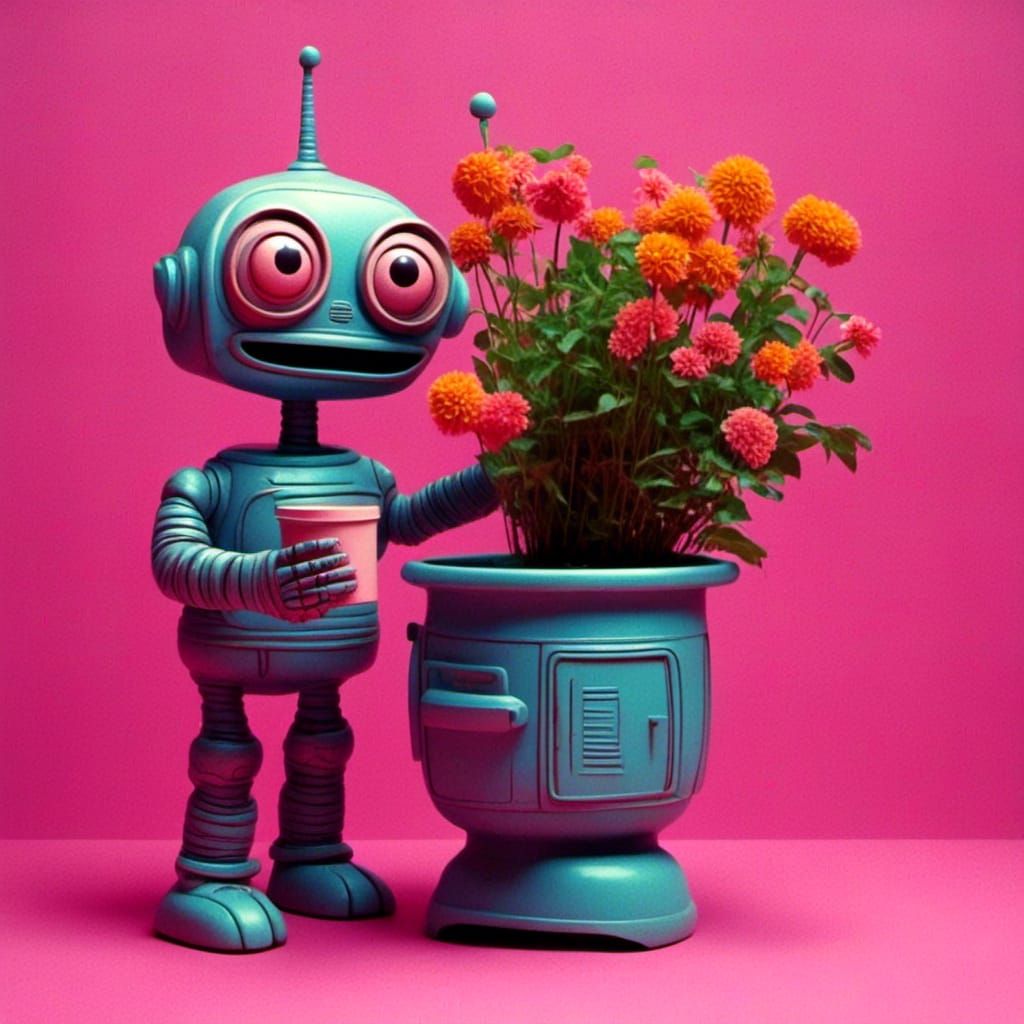 Cute Robot with Flowerpot in Pink Room