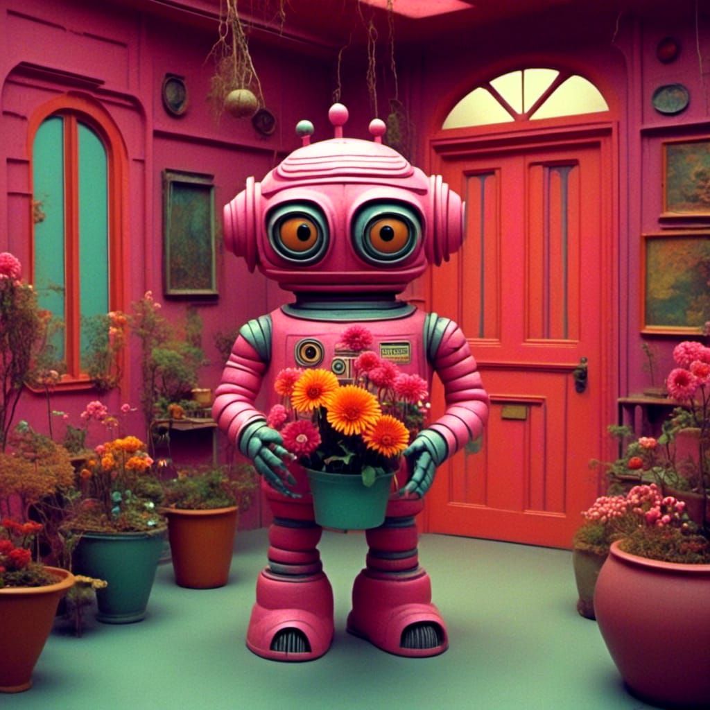 Cute Robot with Flowerpot in a Pink Room