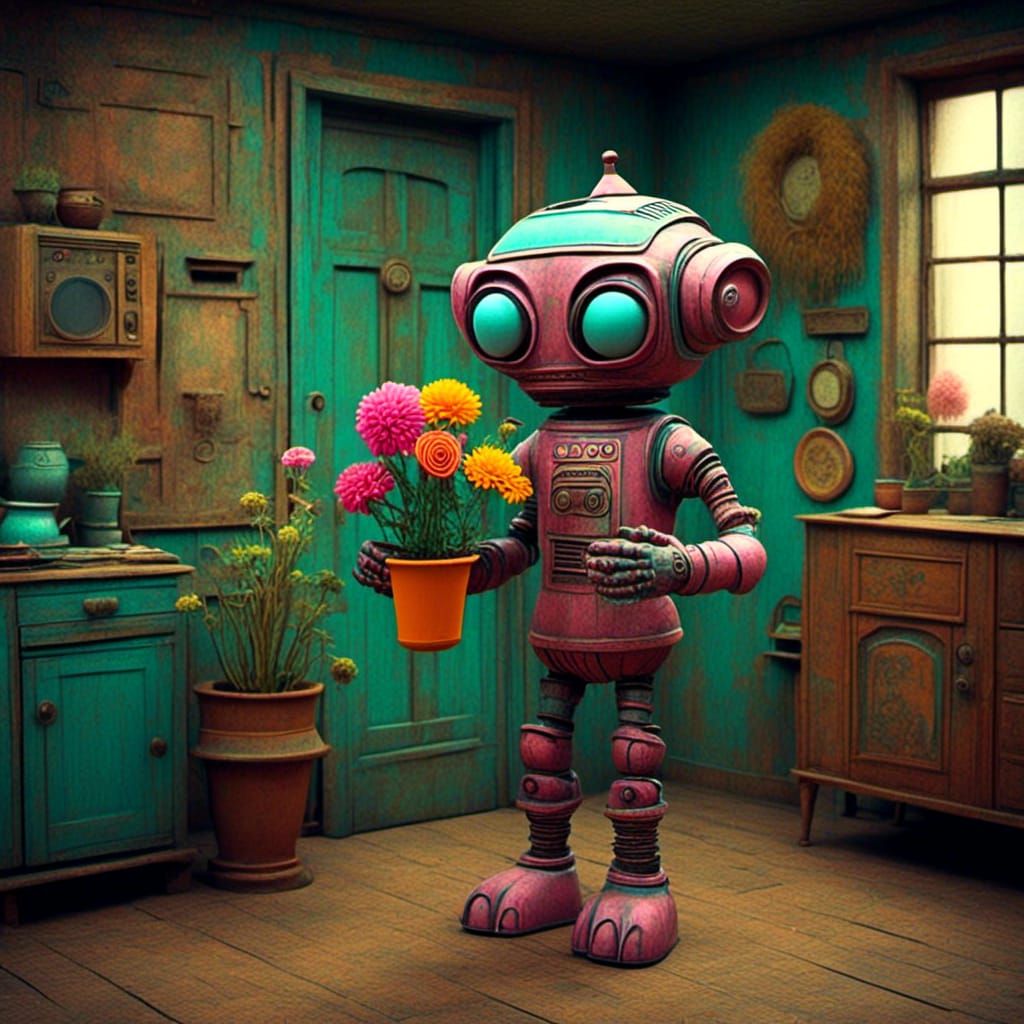 Cute Robot with Flowerpot in Pink Room