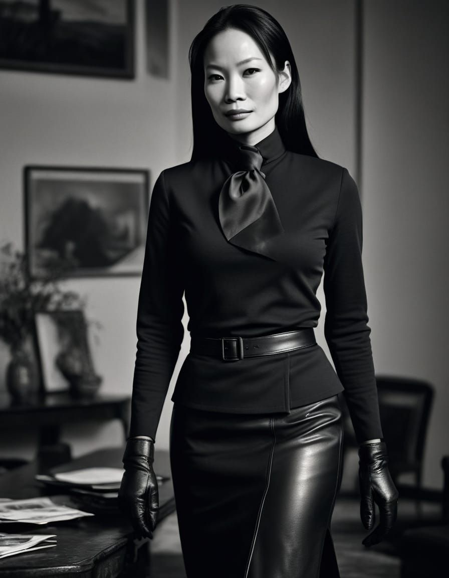 Lucy Liu, strict female military officer, arrogant, black shirt and black tie straight black wrap skirt, black high heel...