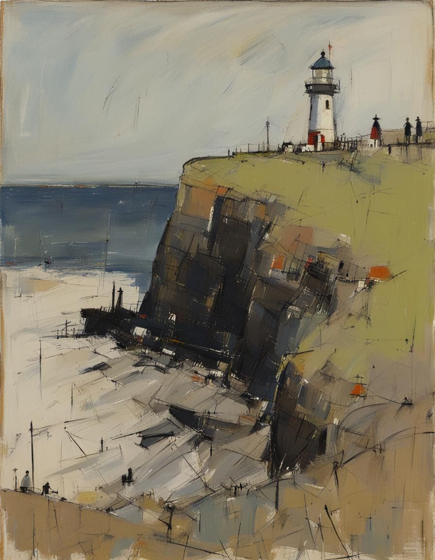 Seaside Lighthouse Cliff Painting in Impressionist Style