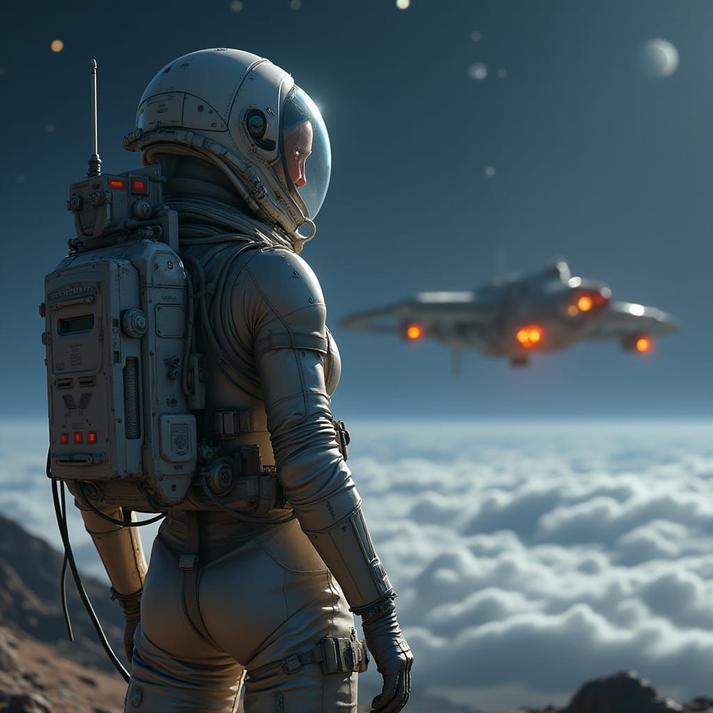 Futuristic Female Astronaut Gazing Out at Distant Spacecraft