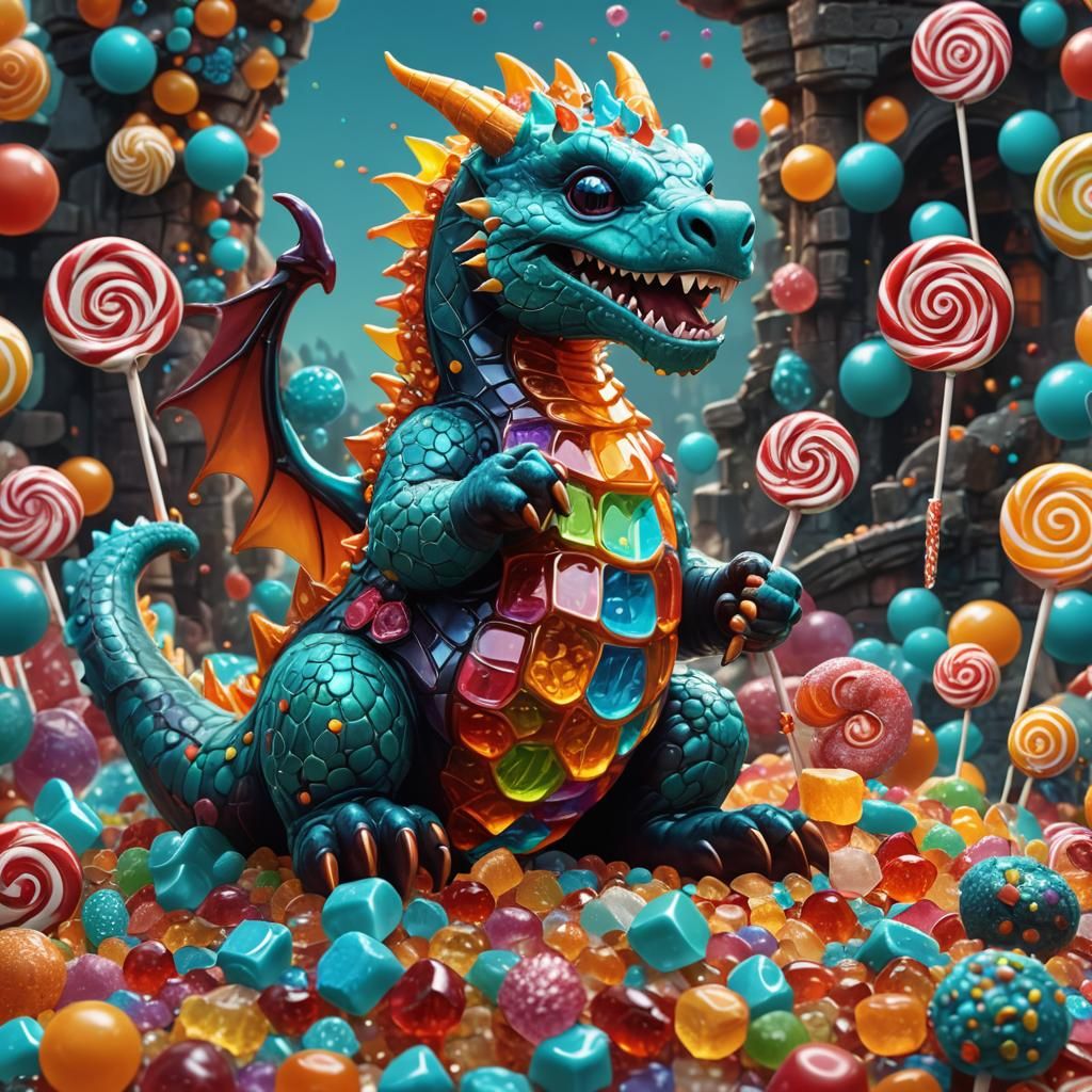 Gummy Bear Dragon on Candy Mountain: Fantasy Art
