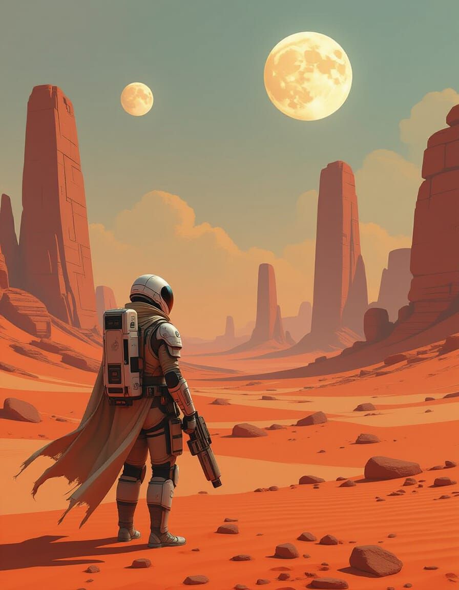 Explorer on Alien Planet with Twin Moons