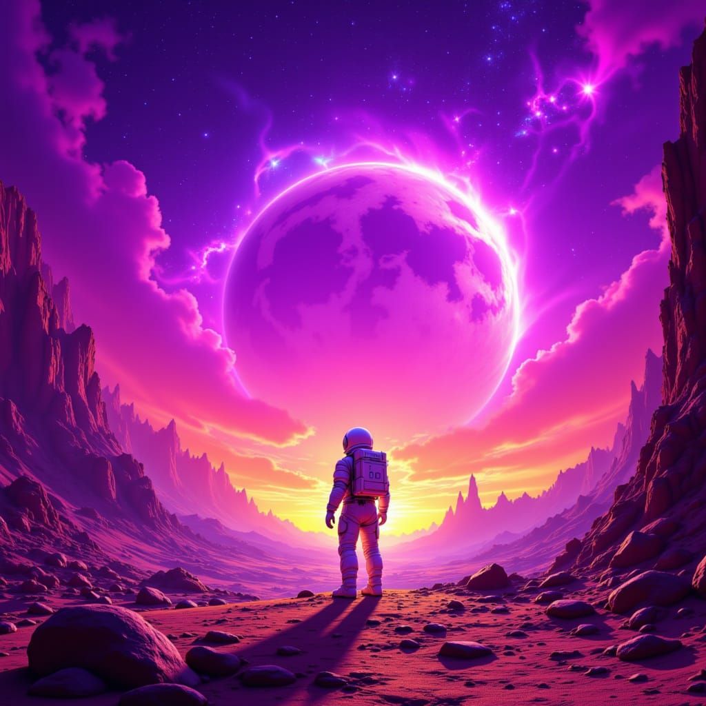 Astronaut Gazes at Binary Sunset on Alien Planet