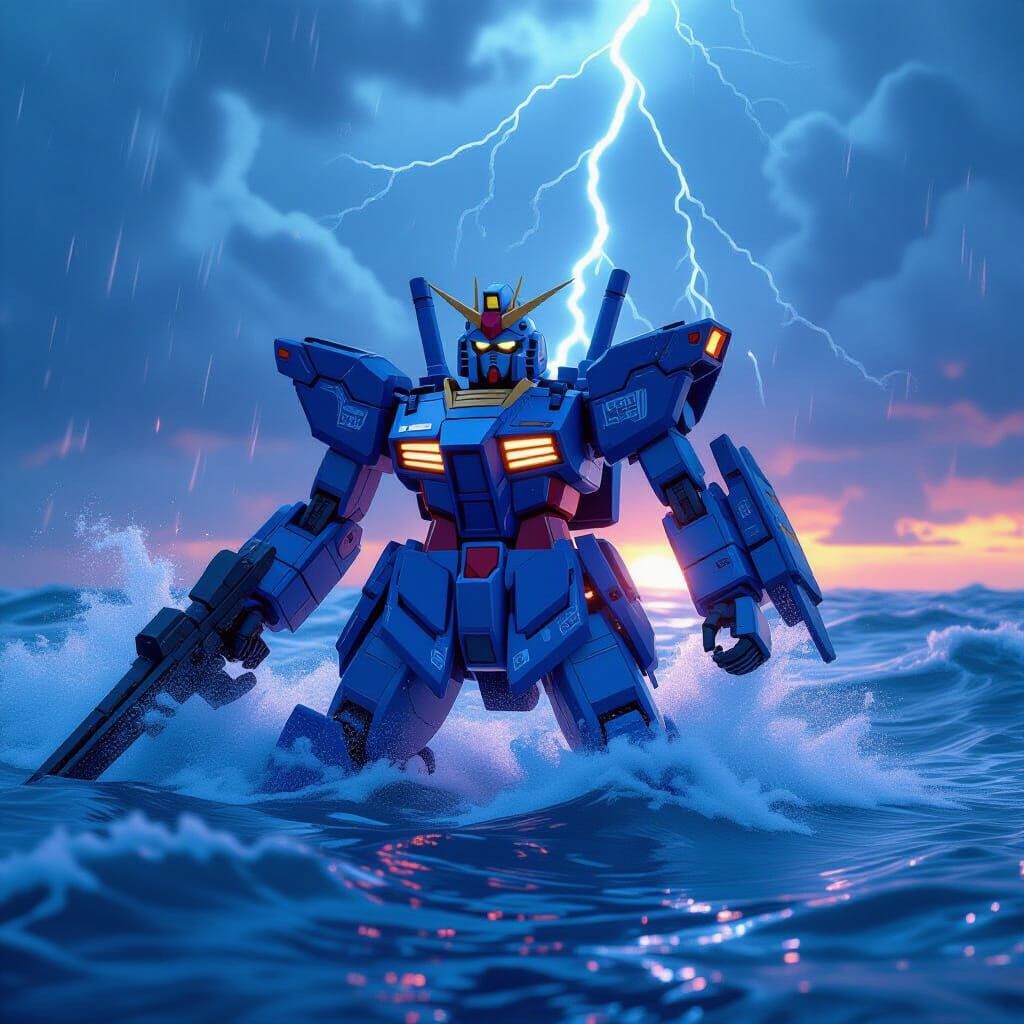 Gundam Emerges from Stormy Ocean in Anime Style