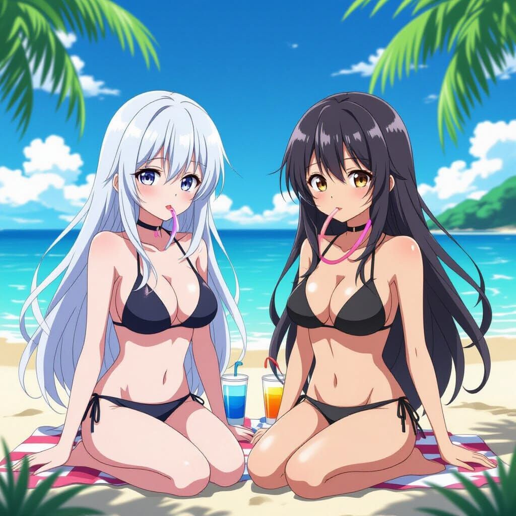 Anime Women Livestreaming at the Beach in Manga Style
