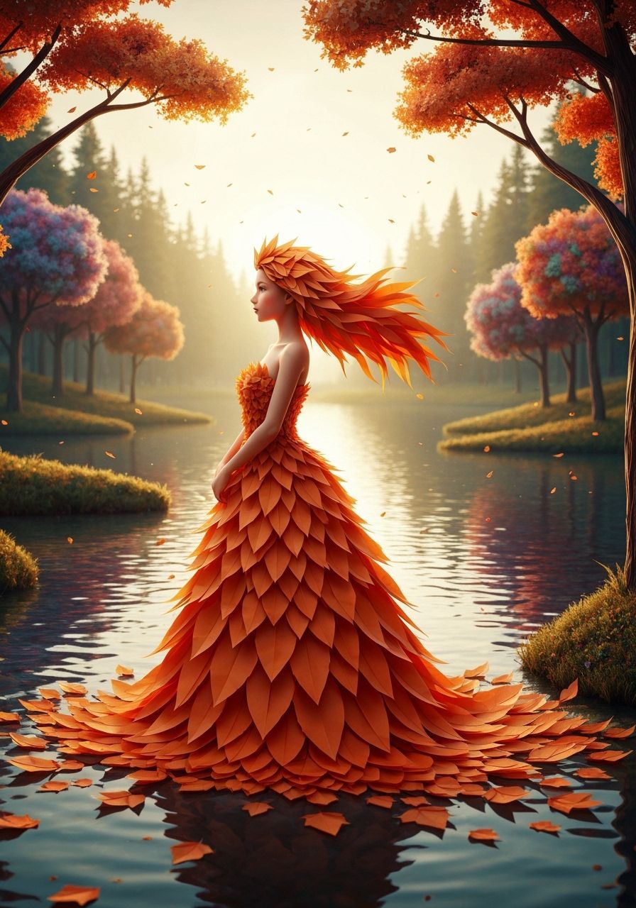 Origami Masterpiece: Girl in Leaf Gown by Serene Lake