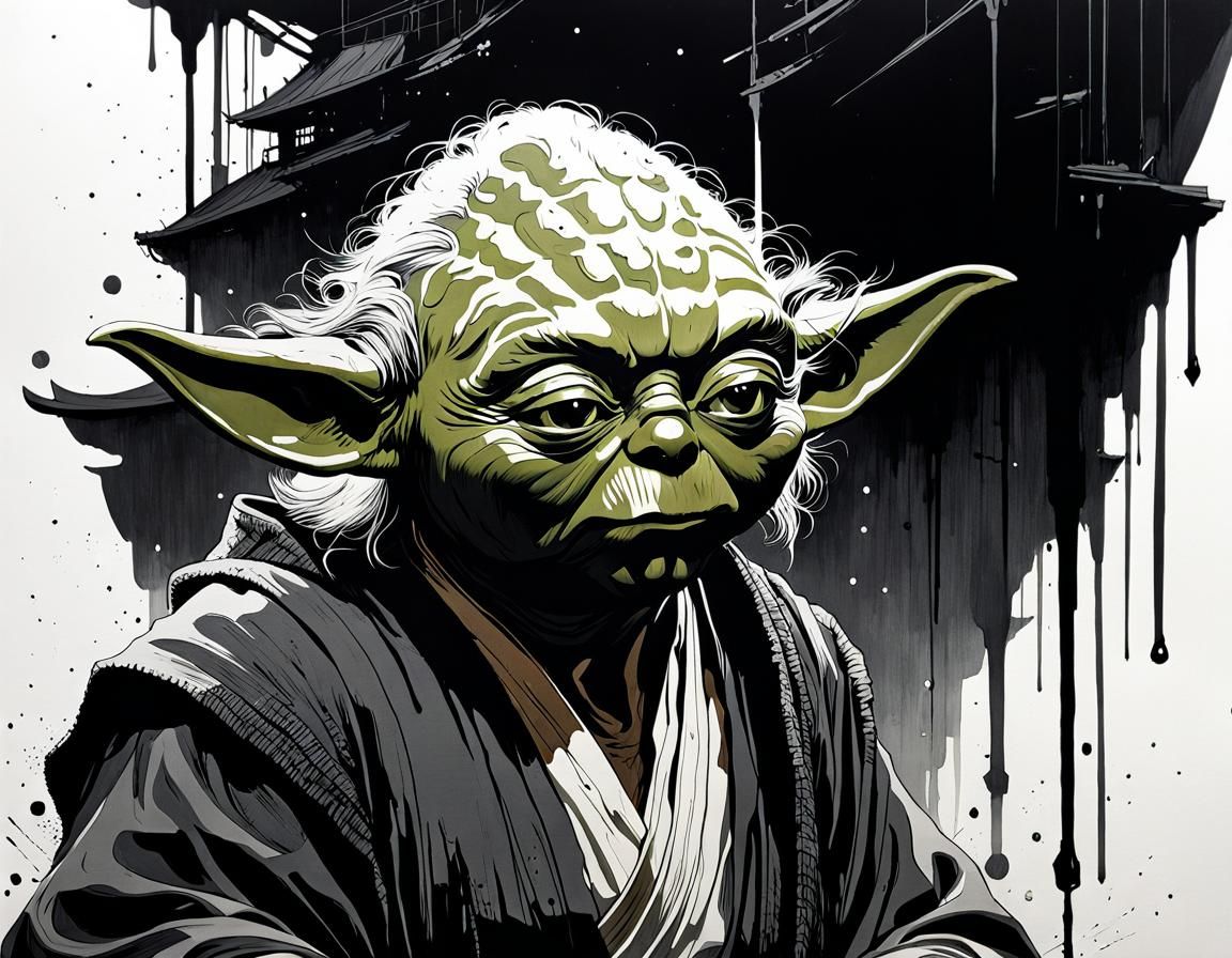 Detailed Black Ink Illustration of Yoda