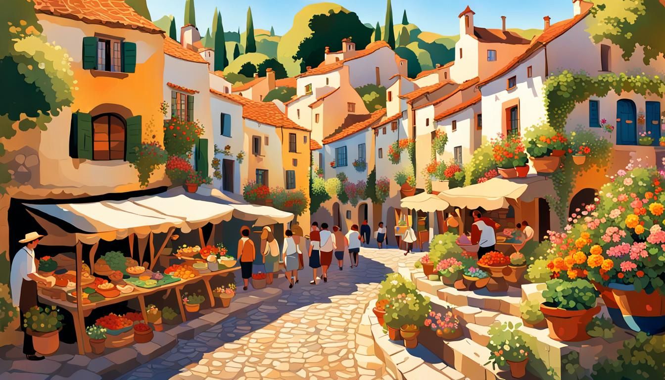 Lively Village Scene in Art Nouveau Style