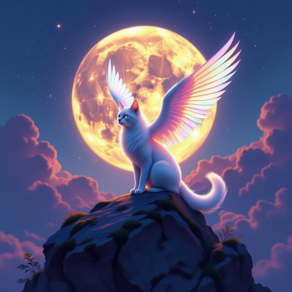 Fantasy Cat with Glowing Wings Before Magical Moon
