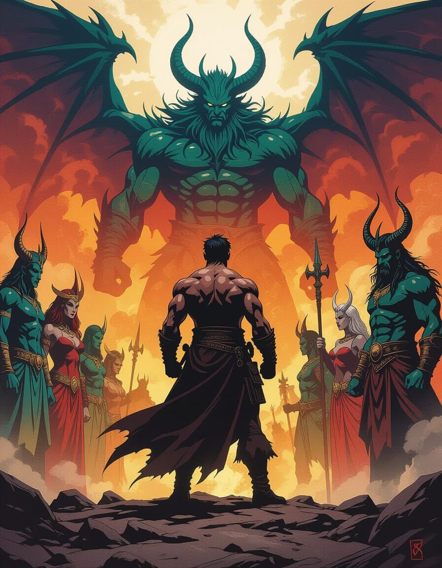 Deities Confront Lone Man in Apocalyptic Landscape