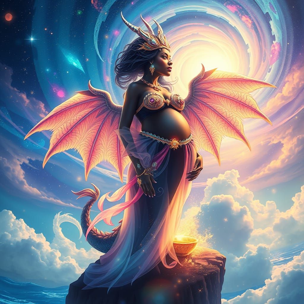 Goddess of the Celestial Beach, in Whimsical Dreamlike Style