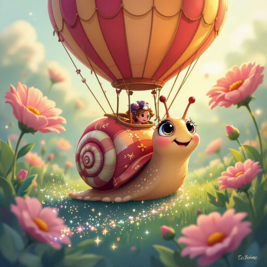 Whimsical Snail Hot Air Balloon in Disney Style