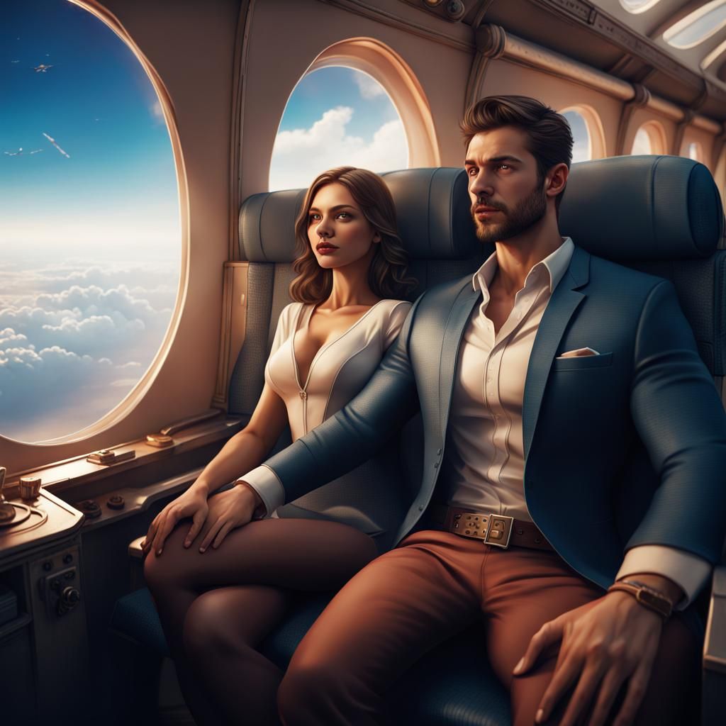 Woman on Lap in Airplane: Detailed Matte Painting