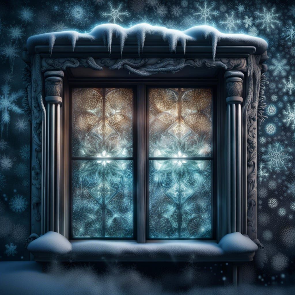 Frozen Window with Intricate Frost Patterns