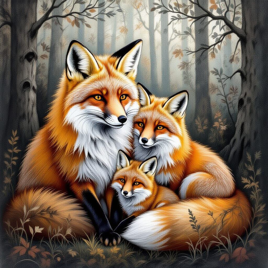 Fox Family in Charcoal Drawing Style
