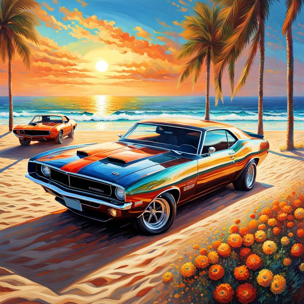 Muscle Car Beach Race as Pointillist Painting