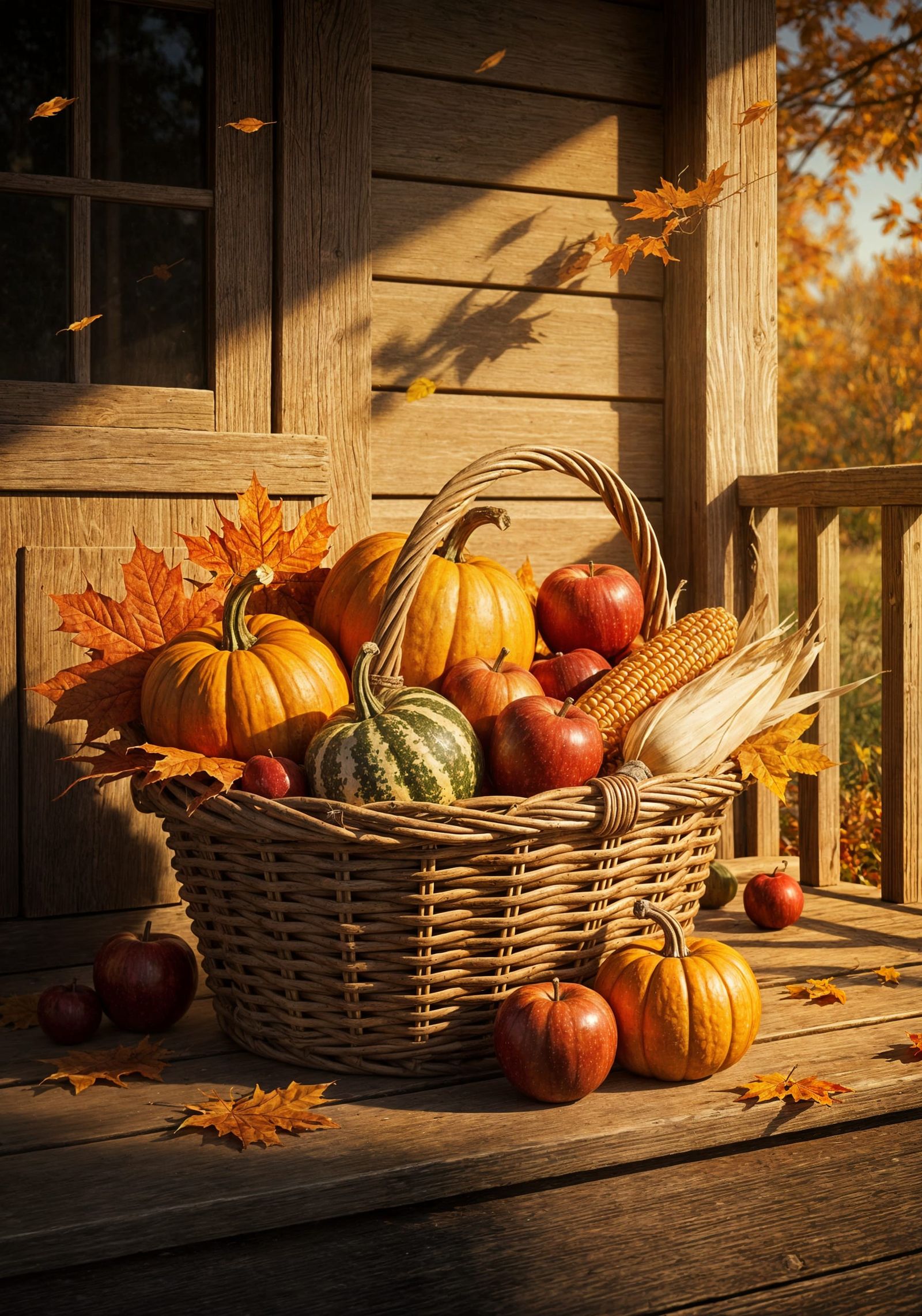 Rustic Autumn Harvest Basket on Farmhouse Porch