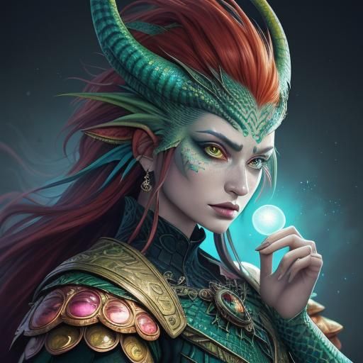 Dragon Woman Portrait with Peacock Feather Eyelashes
