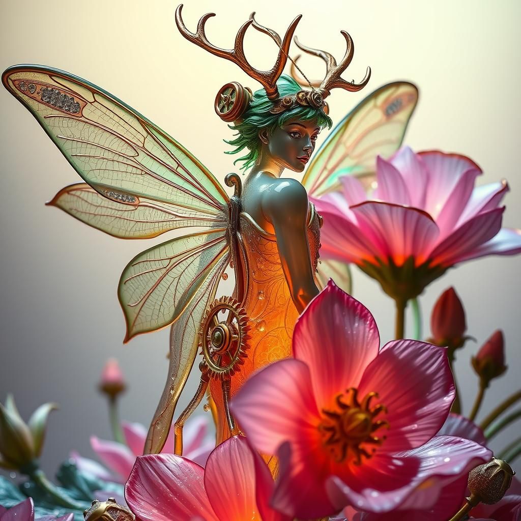 Steampunk Glass Fairy Sculpture with Antlers and Gears