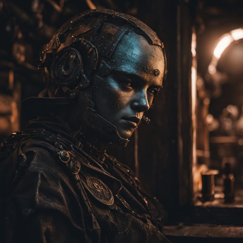 Cyberpunk Female Goth Fashion Model in a Dark, Distressed Co...