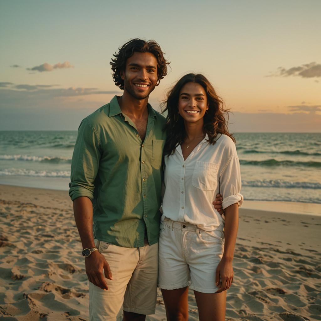 Smiling Couple Watching Sunset: Cinematic Film Still