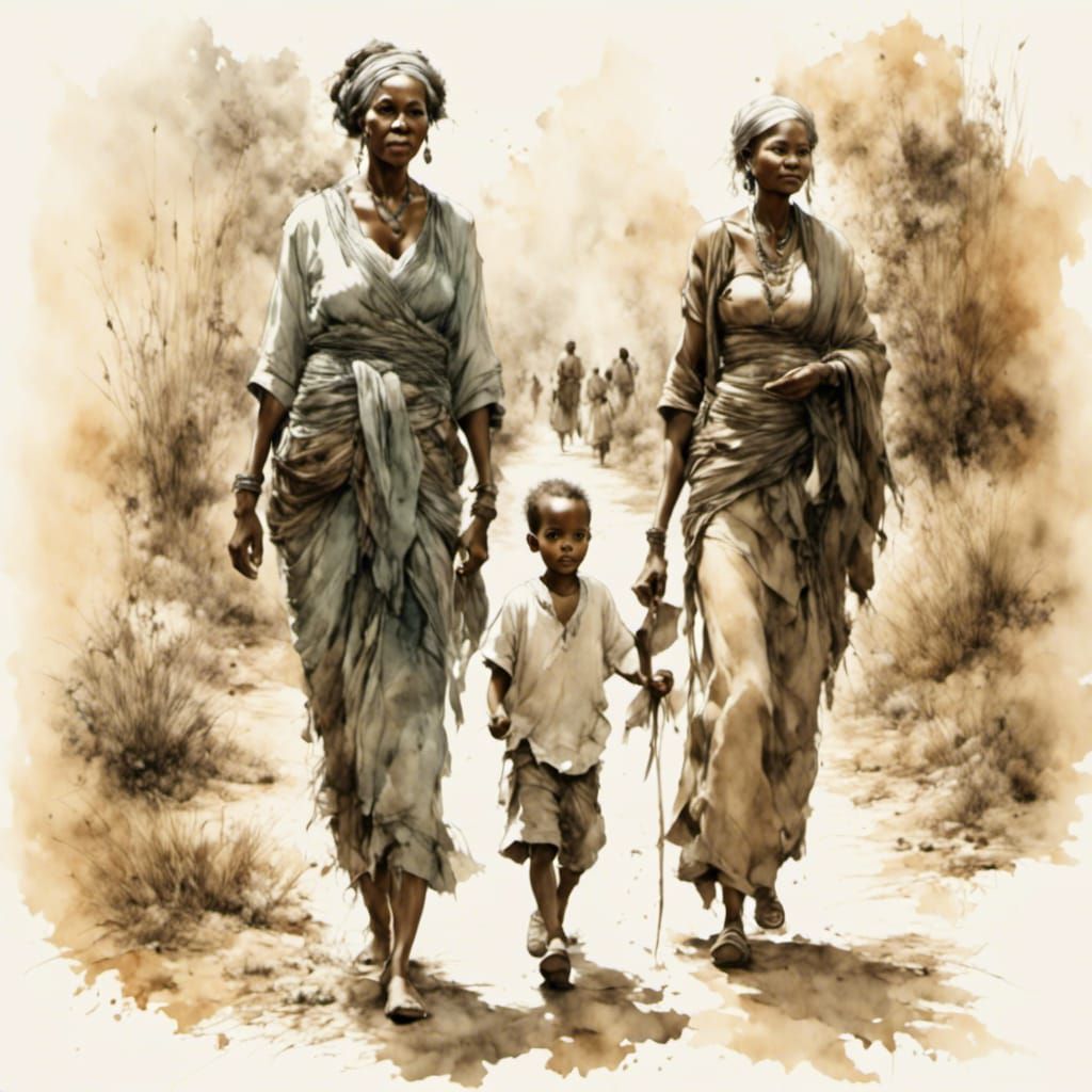 Mother and Children Walking: Minimalist Sketch Art